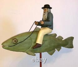 Vintage Folk Art Wood Carving Man Riding Fish. Signed Bill Harris 1994. S. C