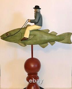 Vintage Folk Art Wood Carving Man Riding Fish. Signed Bill Harris 1994. S. C