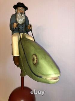 Vintage Folk Art Wood Carving Man Riding Fish. Signed Bill Harris 1994. S. C