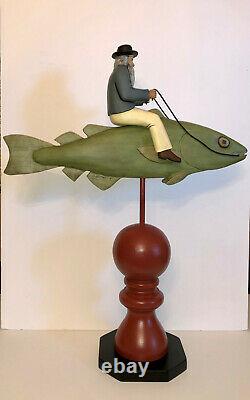 Vintage Folk Art Wood Carving Man Riding Fish. Signed Bill Harris 1994. S. C