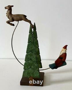 Vintage Folk Art Wood Carving Santa & Reindeer. Signed Jane Harris 1991. N. C