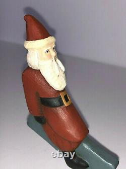 Vintage Folk Art Wood Carving Santa & Reindeer. Signed Jane Harris 1991. N. C