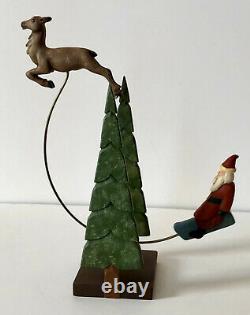 Vintage Folk Art Wood Carving Santa & Reindeer. Signed Jane Harris 1991. N. C