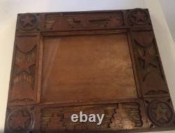 Vintage Folk Art Wood Picture Frame Stars Shields Cannons Hand Carved 8 x 10