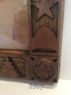 Vintage Folk Art Wood Picture Frame Stars Shields Cannons Hand Carved 8 x 10