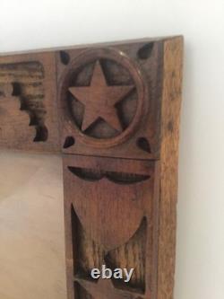 Vintage Folk Art Wood Picture Frame Stars Shields Cannons Hand Carved 8 x 10