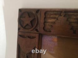 Vintage Folk Art Wood Picture Frame Stars Shields Cannons Hand Carved 8 x 10