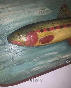 Vintage Folk Art Wooden Hanging Sculpture over 18 Carved Painted Golden Trout