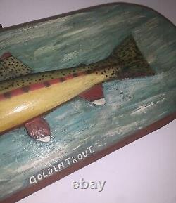 Vintage Folk Art Wooden Hanging Sculpture over 18 Carved Painted Golden Trout