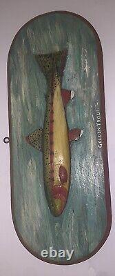 Vintage Folk Art Wooden Hanging Sculpture over 18 Carved Painted Golden Trout