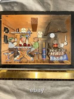Vintage German 3D Wood Carving Shadow Box Diorama Music Box Folk Art 7x9