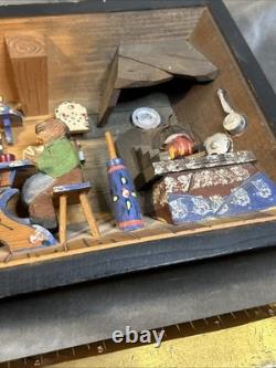 Vintage German 3D Wood Carving Shadow Box Diorama Music Box Folk Art 7x9