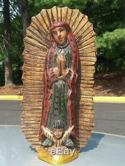 Vintage Guatemalan Folks art carved wood Virgen of Guadalupe Santos statue