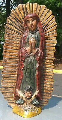 Vintage Guatemalan Folks art carved wood Virgen of Guadalupe Santos statue