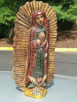 Vintage Guatemalan Folks art carved wood Virgen of Guadalupe Santos statue