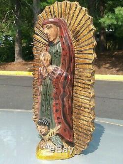 Vintage Guatemalan Folks art carved wood Virgen of Guadalupe Santos statue