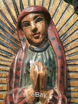 Vintage Guatemalan Folks art carved wood Virgen of Guadalupe Santos statue