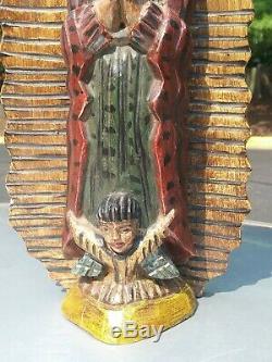 Vintage Guatemalan Folks art carved wood Virgen of Guadalupe Santos statue