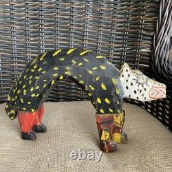Vintage Guatemalan Hand Carved Wood Folk Art Dog or Cat 14 Figurine Sculpture