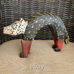 Vintage Guatemalan Hand Carved Wood Folk Art Dog or Cat 14 Figurine Sculpture