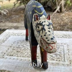 Vintage Guatemalan Hand Carved Wood Folk Art Dog or Cat 14 Figurine Sculpture