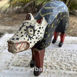 Vintage Guatemalan Hand Carved Wood Folk Art Dog or Cat 14 Figurine Sculpture