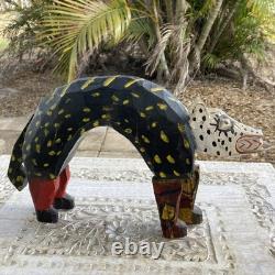 Vintage Guatemalan Hand Carved Wood Folk Art Dog or Cat 14 Figurine Sculpture