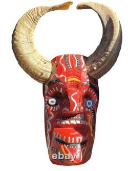 Vintage Guatemalan Hand Carved Wood Horned Folk Art Mask with Real Ram Horns