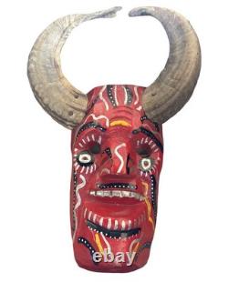 Vintage Guatemalan Hand Carved Wood Horned Folk Art Mask with Real Ram Horns