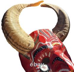 Vintage Guatemalan Hand Carved Wood Horned Folk Art Mask with Real Ram Horns