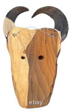 Vintage Guatemalan Hand Carved Wood Horned Folk Art Mask with Real Ram Horns