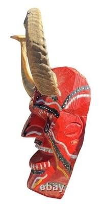 Vintage Guatemalan Hand Carved Wood Horned Folk Art Mask with Real Ram Horns