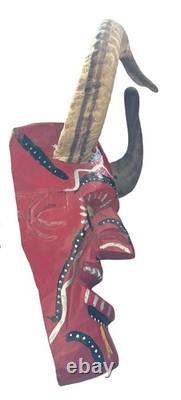 Vintage Guatemalan Hand Carved Wood Horned Folk Art Mask with Real Ram Horns