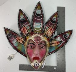Vintage Guerrero Mexico Hand Carved Plumed Aztec Warrior Folk Art Mask 11