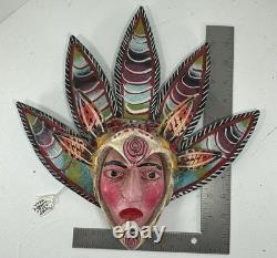 Vintage Guerrero Mexico Hand Carved Plumed Aztec Warrior Folk Art Mask 11