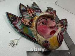 Vintage Guerrero Mexico Hand Carved Plumed Aztec Warrior Folk Art Mask 11