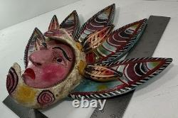 Vintage Guerrero Mexico Hand Carved Plumed Aztec Warrior Folk Art Mask 11