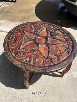 Vintage Haitian Folk Art Hand Carved Wood Chess reversible top Folding Table 22