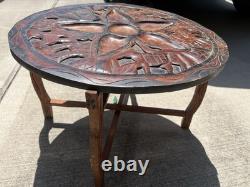 Vintage Haitian Folk Art Hand Carved Wood Chess reversible top Folding Table 22