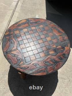 Vintage Haitian Folk Art Hand Carved Wood Chess reversible top Folding Table 22