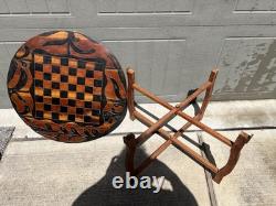 Vintage Haitian Folk Art Hand Carved Wood Chess reversible top Folding Table 22