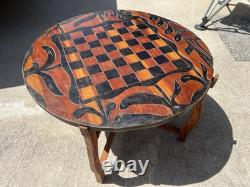Vintage Haitian Folk Art Hand Carved Wood Chess reversible top Folding Table 22