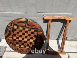 Vintage Haitian Folk Art Hand Carved Wood Chess reversible top Folding Table 22