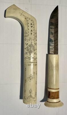 Vintage Hand-Carved Bone/Antler Nordic Sámi Style Knife & Sheath Folk Art Scandi