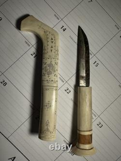 Vintage Hand-Carved Bone/Antler Nordic Sámi Style Knife & Sheath Folk Art Scandi