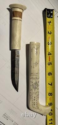 Vintage Hand-Carved Bone/Antler Nordic Sámi Style Knife & Sheath Folk Art Scandi