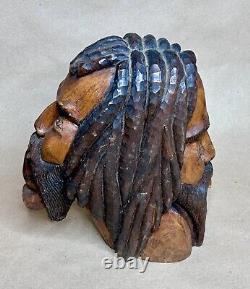 Vintage Hand-Carved Dual-Head Rastafarian Bust Jamaica 1970s Rare Folk Art