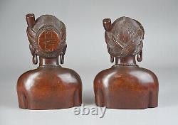 Vintage Hand Carved Ebony Wood Tribal SHAMAN & SHAMANESS Busts FOLK ART EUC