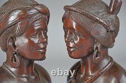 Vintage Hand Carved Ebony Wood Tribal SHAMAN & SHAMANESS Busts FOLK ART EUC