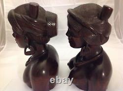 Vintage Hand Carved Ebony Wood Tribal SHAMAN & SHAMANESS Busts FOLK ART EUC